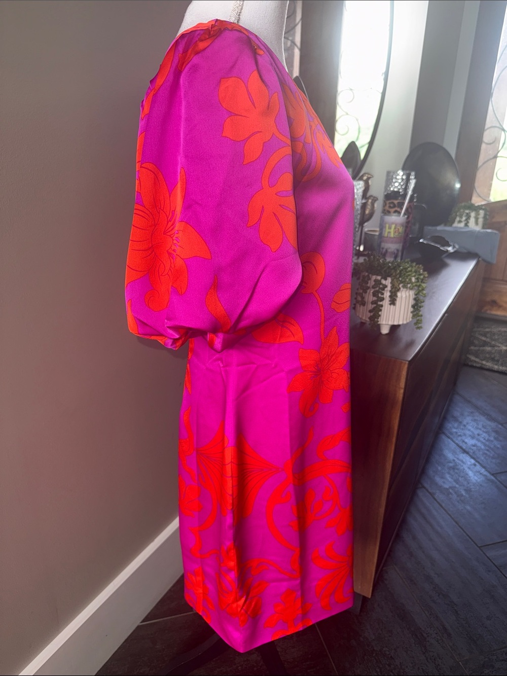 Sugarlips Vallie One-Shoulder Vacation Pink and Orange Floral Satin Shift Dress - Picture 2 of 10